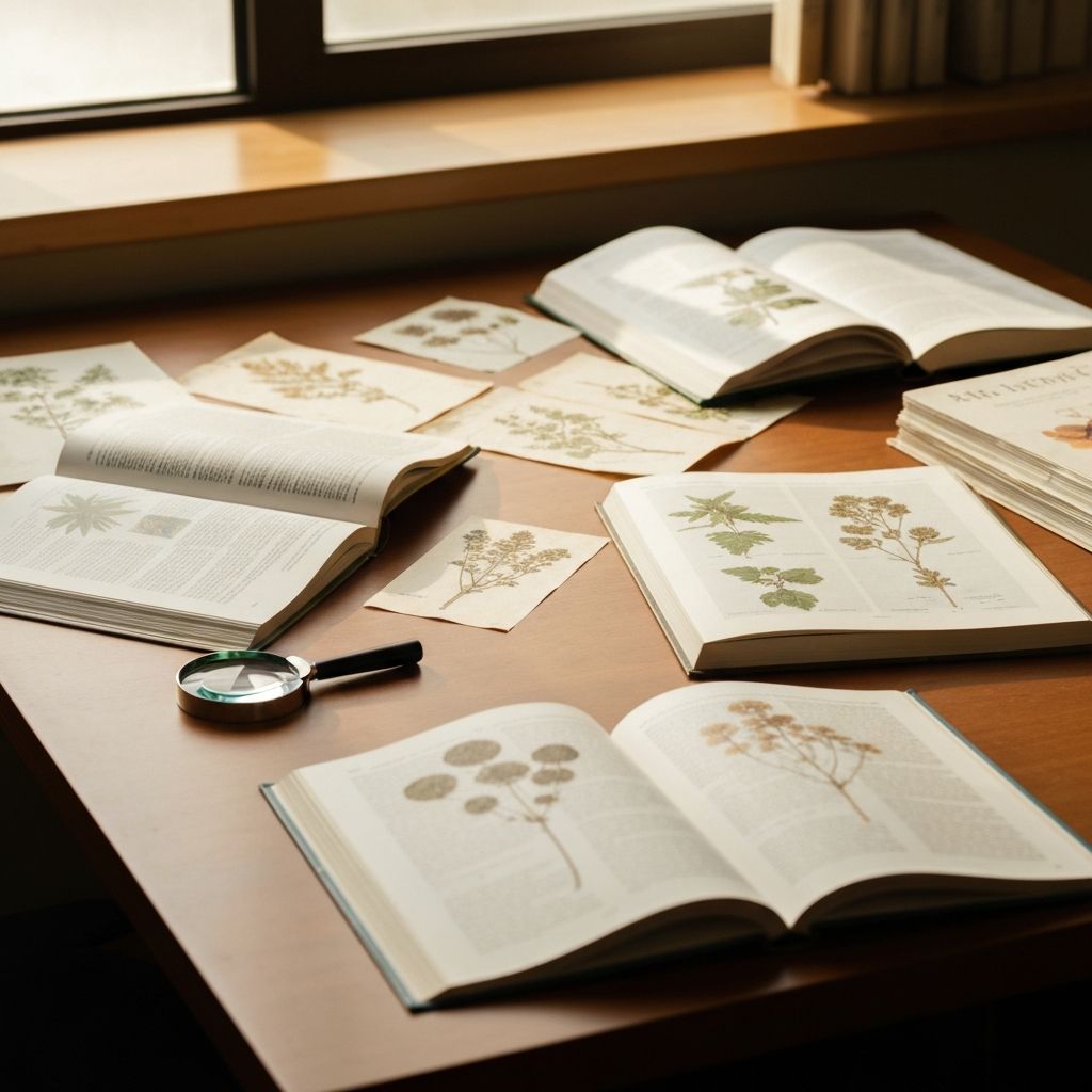Meja penelitian dengan buku botani terbuka dan spesimen tanaman kering