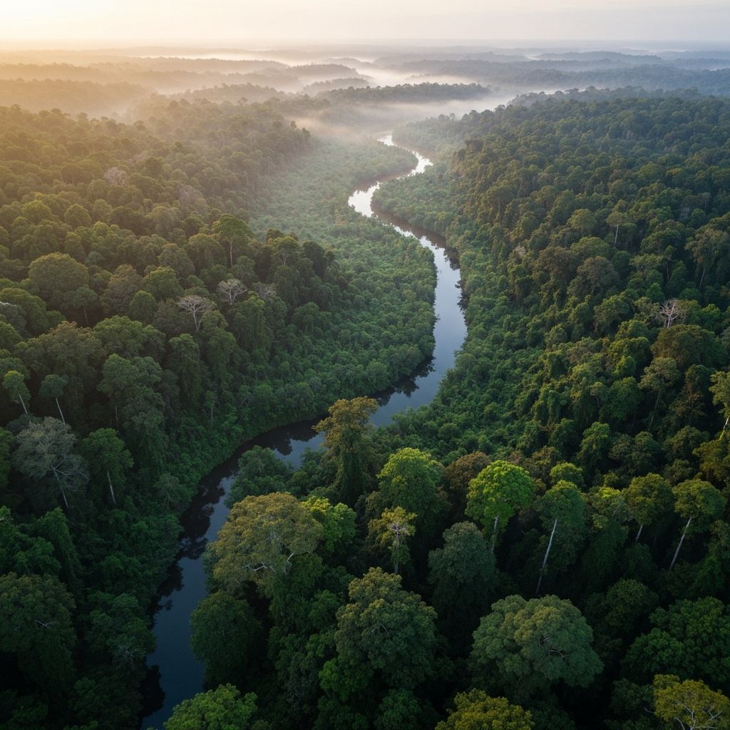 Pemandangan udara hutan hujan tropis dengan kabut pagi dan sungai mengalir