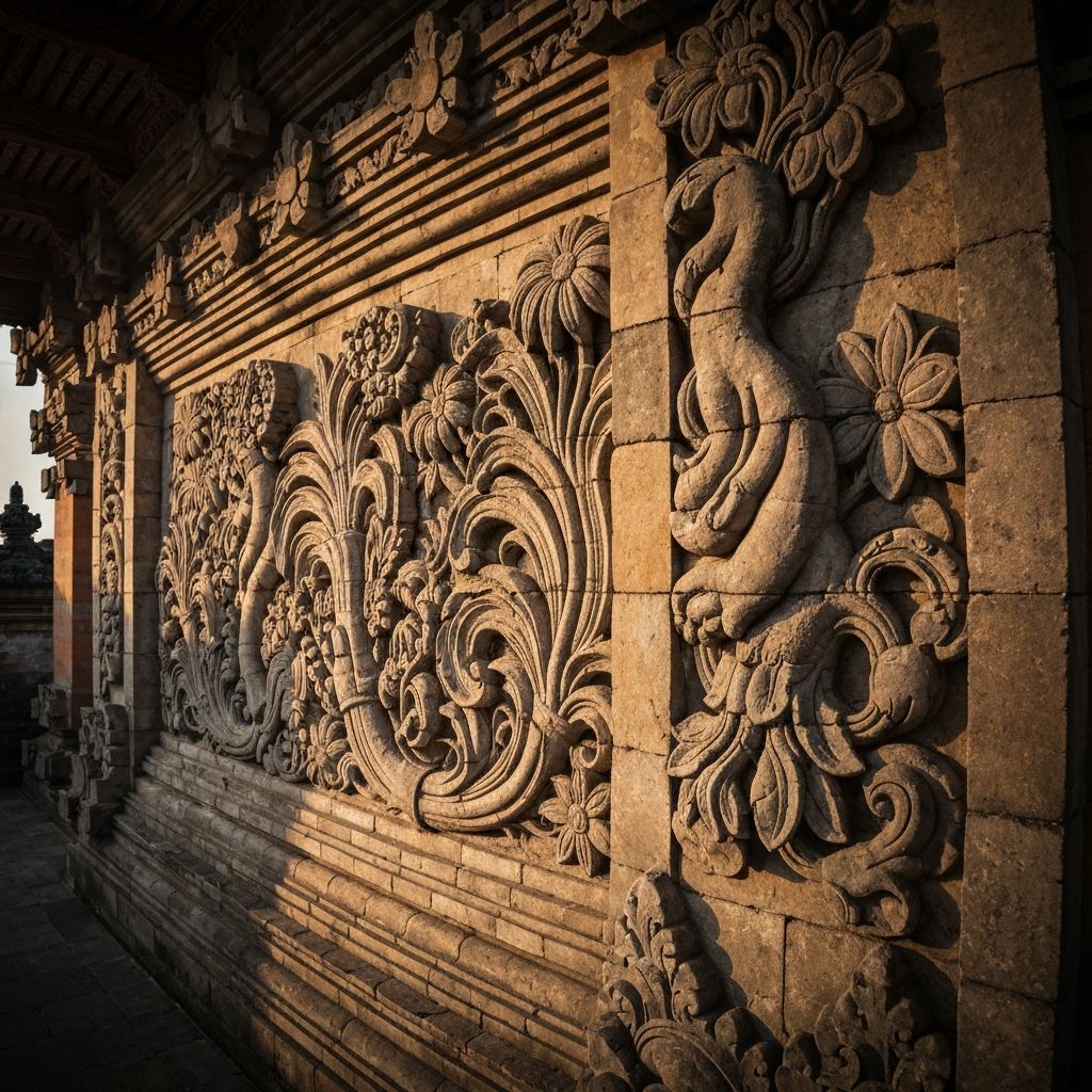 Relief batu ukiran dengan motif tumbuhan tropis, estetika warisan budaya Indonesia