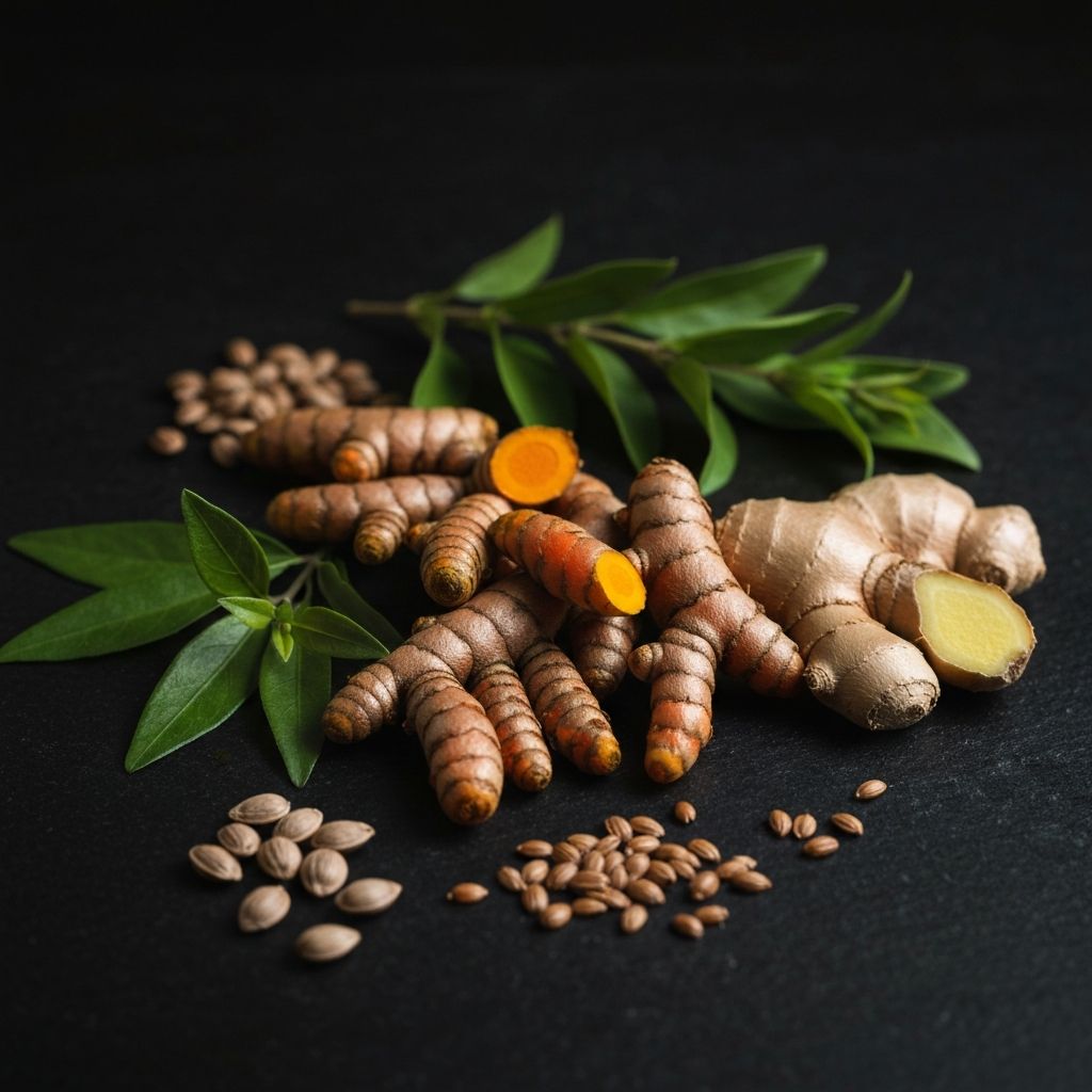 Ramuan alami dan rempah segar di atas permukaan batu gelap